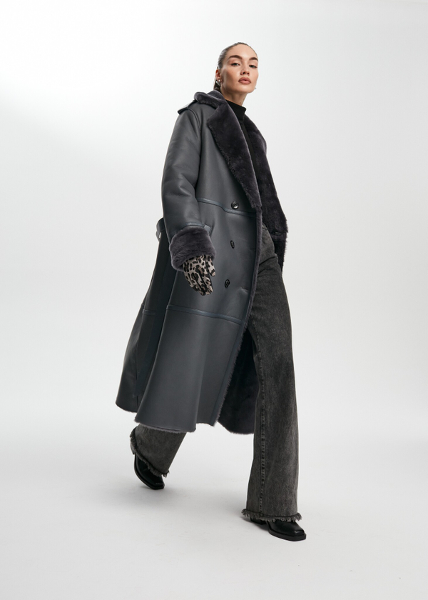 Дубленка-пальто серая