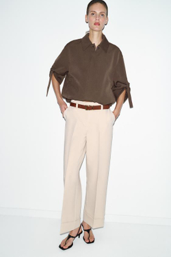 ZARA БРЮКИ С ОТВОРОТАМИ И РЕМНЕМ, ЭКРЮ