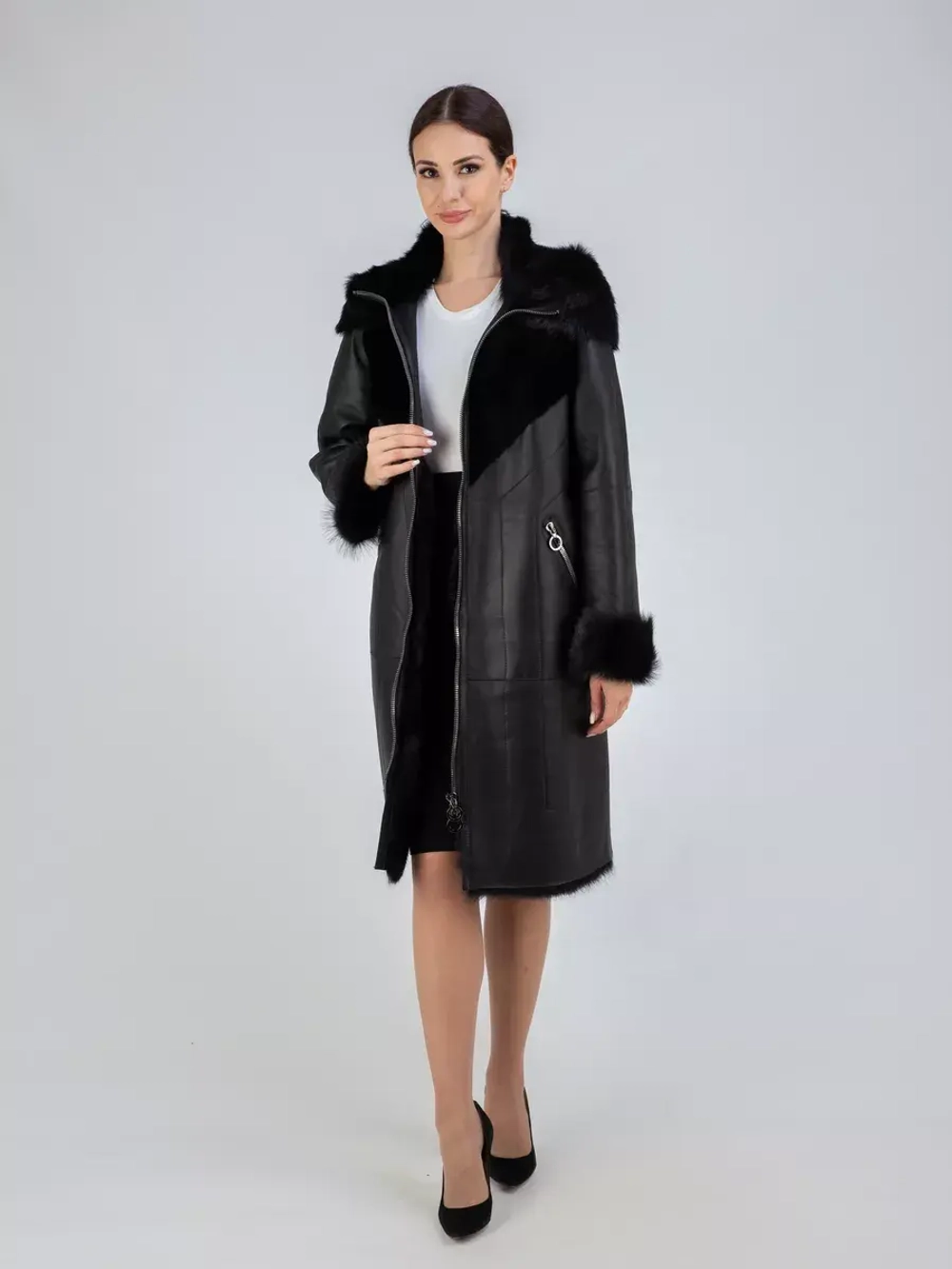 Дубленка зима натуральная с капюшоном длинная