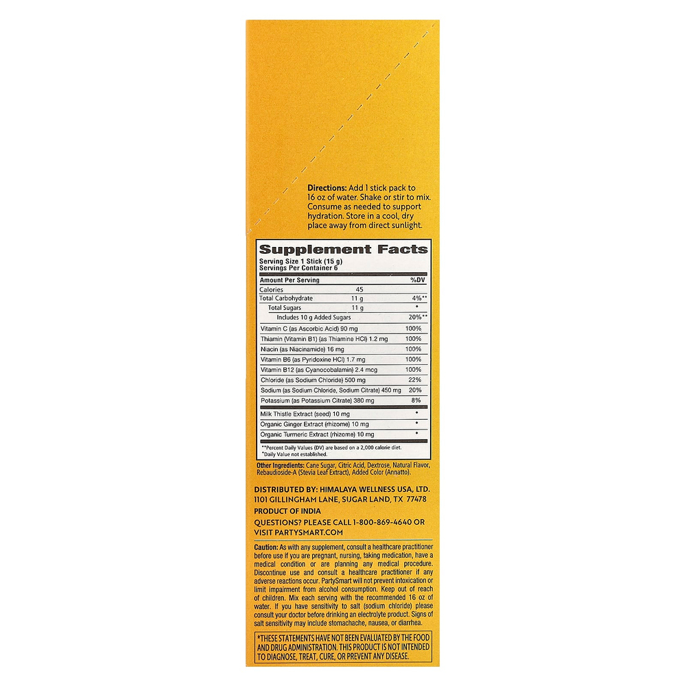 Himalaya, PartySmart®, электролиты, апельсин, 6 упаковок в стиках по 15 г (0,53 унции)