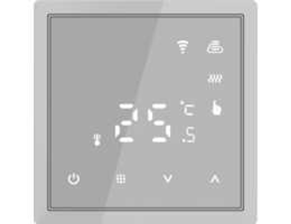 Термостат с датчиком пола программируемый через приложение,  с Wi-Fi,  16A,  размер накладки 70х70мм,  цвет стекло кашемир. Для установки в рамки с внутренним размером 70х70мм. Рамка в комплект поставки не входит.