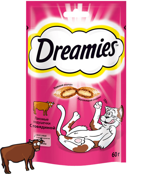 Лакомство Dreamies для кошек, лакомые подушечки с говядиной, 60 г