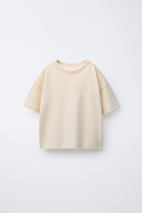 ZARA ФУТБОЛКА ИЗ ХЛОПКА И ЛЬНА С ЭФФЕКТОМ ПОТЕРТОСТИ, СВЕТЛО-БЕЖЕВЫЙ
