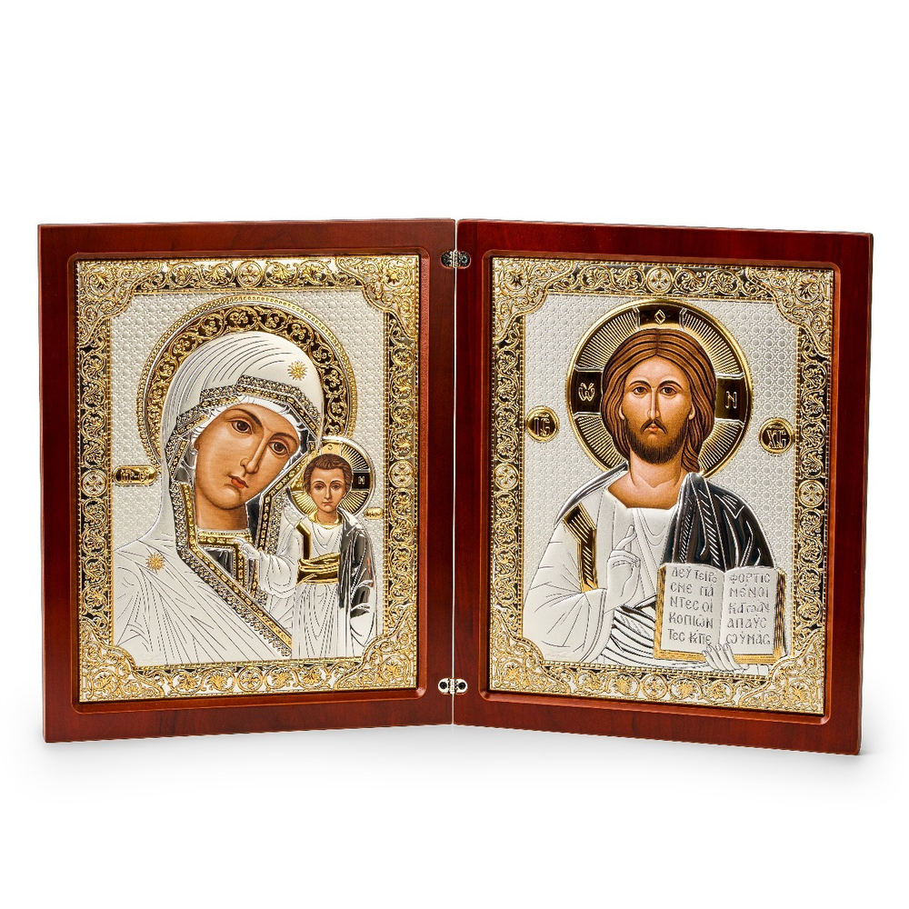 Складень, Казанская БМ, Молитва, икона прямоугольная, красное дерево 260x420