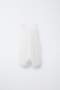 ZARA КОРОТКИЙ КОМБИНЕЗОН ИЗ АЖУРНОГО ТРИКОТАЖА, СВЕТЛЫЙ ЭКРЮ