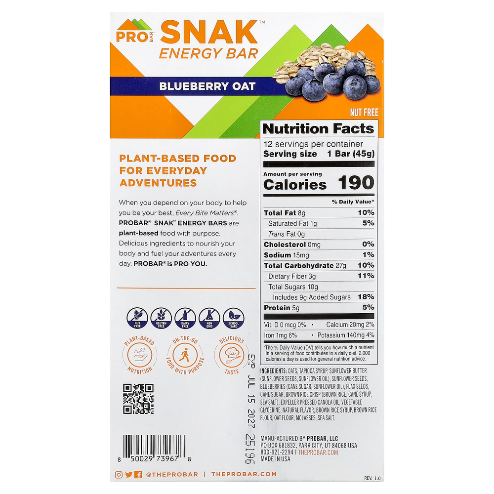 ProBar, SNAK™, энергетический батончик, овсянка с голубикой, 12 батончиков по 45 г (1,6 унции)