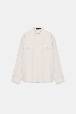 ZARA СТРУЯЩАЯСЯ РУБАШКА С ВЫСОКИМ ВОРОТНИКОМ, ПЕСОЧНЫЙ