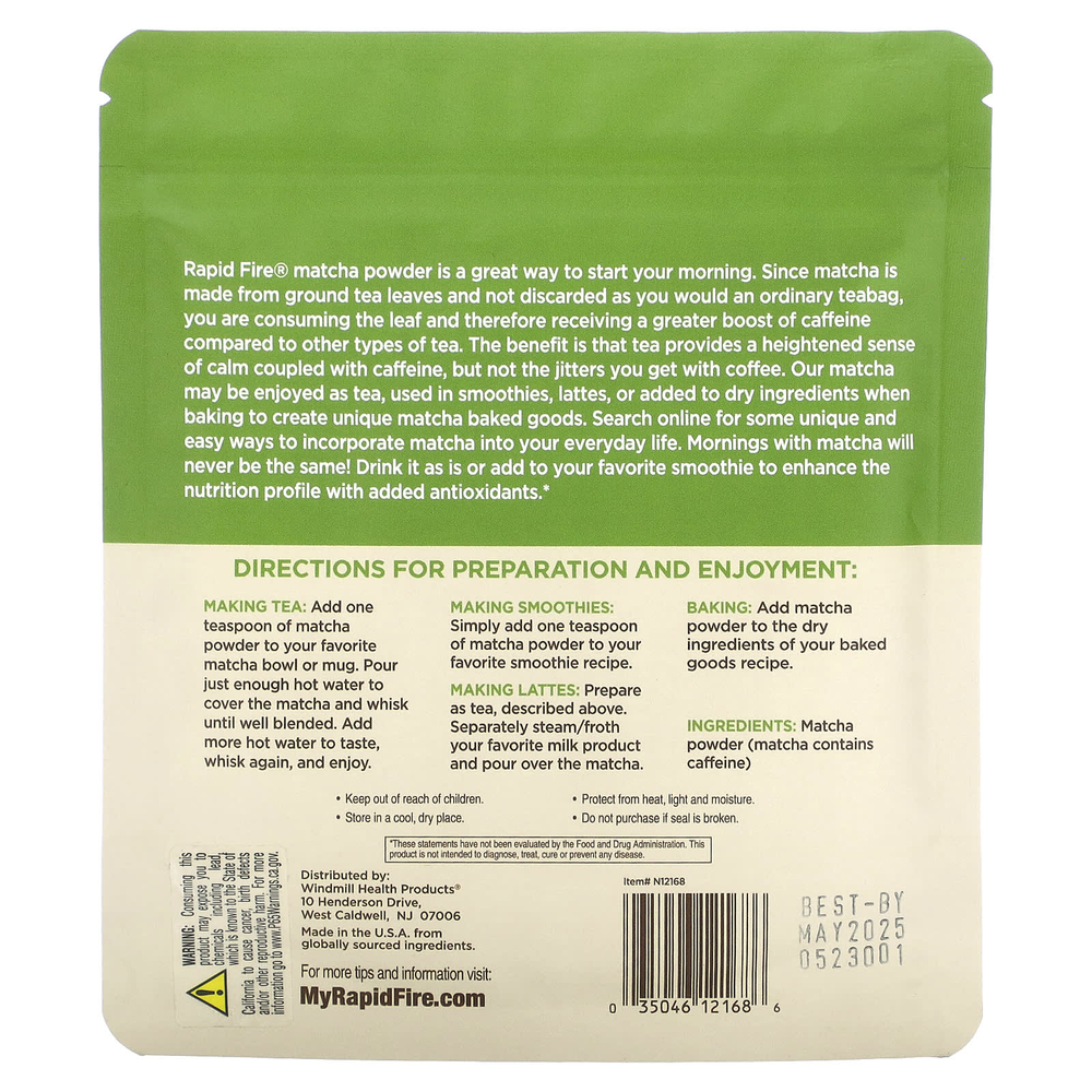 RAPIDFIRE, Matcha Tea, японский зеленый чай, 60 г (2,12 унции)