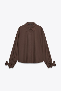 ZARA РУБАШКА ИЗ ПОПЛИНА С ЗАВЯЗКАМИ, ТЕМНО-КОРИЧНЕВЫЙ