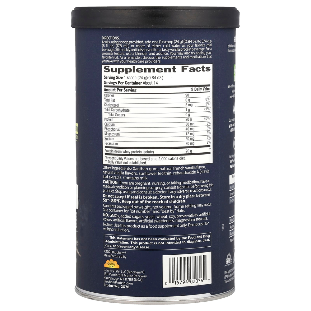 Biochem, 100% изолят сывороточного протеина, без сахара, ваниль, 336 г (11,8 унции)