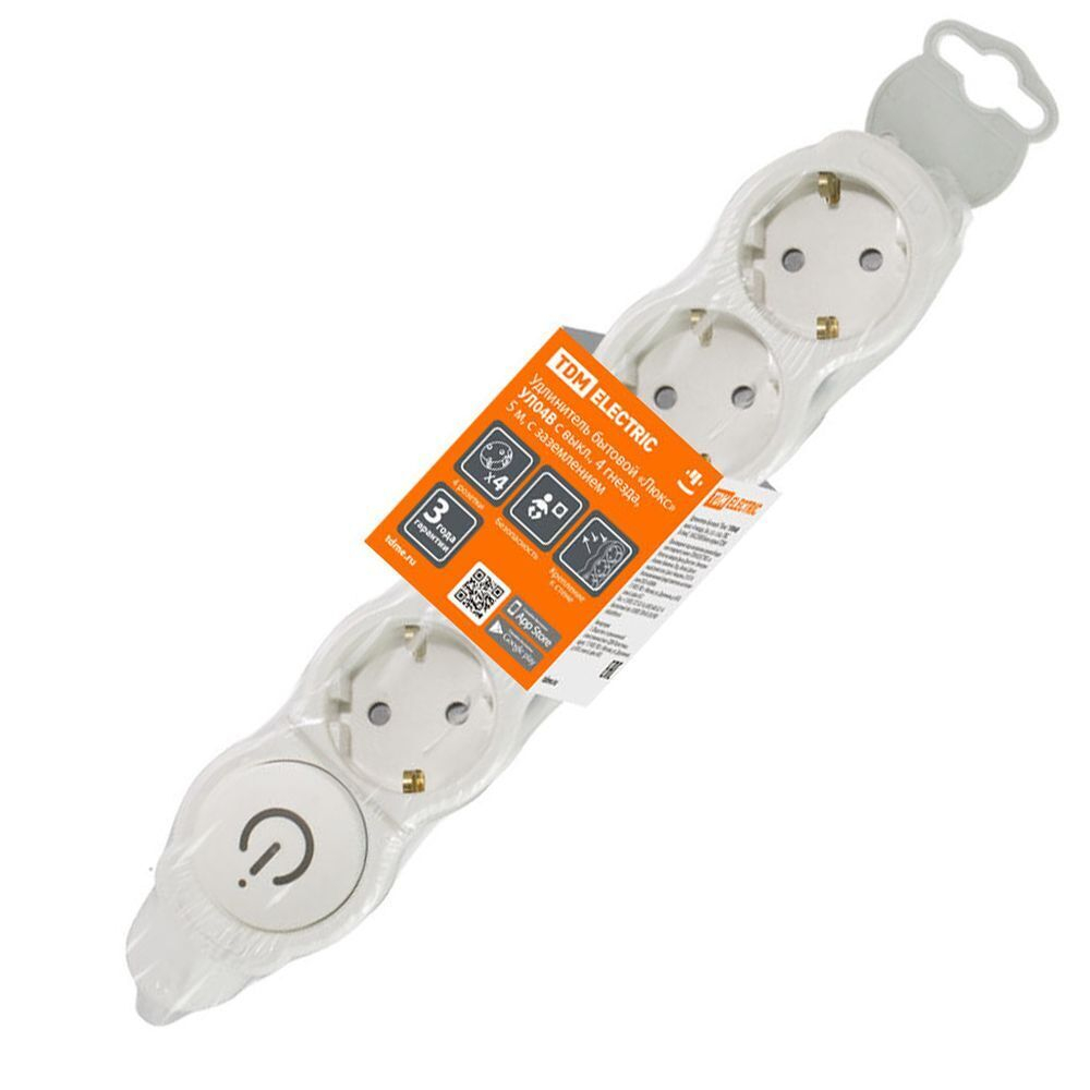 Удлинитель бытовой 4 гн, 5 м, ПВС, 3х1 мм2, с/з, 16 А, выкл, 250В,с з/ш, бело-сер, TDM, Люкс УЛ04В,