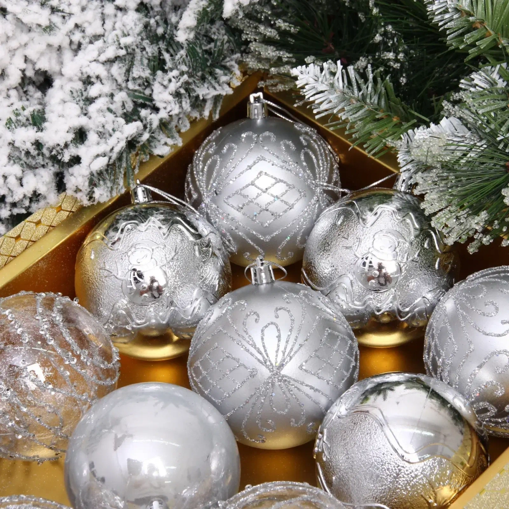 Новогодние шары «Волшебство ночи» 8 см (набор 12 шт), Серебро