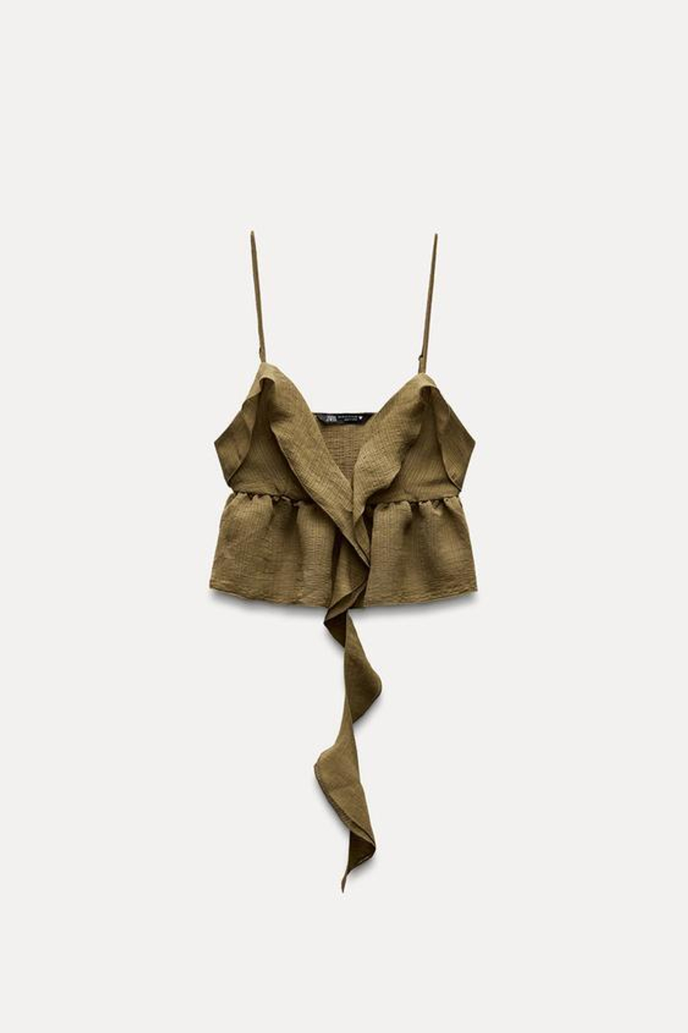 ZARA КРУЖЕВНОЙ ТОП С ВОЛАНАМИ, ХАКИ