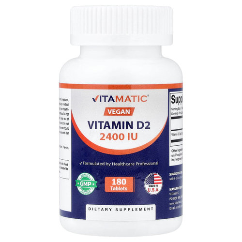 Vitamatic, веганский витамин D2, 60 мкг (2400 МЕ), 180 таблеток