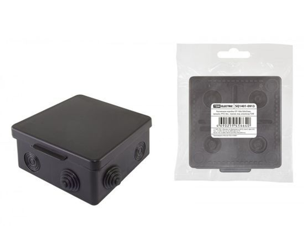 Распаечная коробка TDM ОП 100х100х55мм, крышка, IP54, 8вх., черная, инд. штрихкод SQ1401-0913 - 1 шт