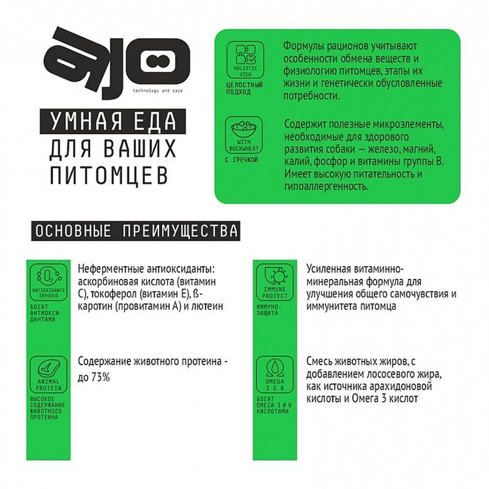 AJO Dog Mini Hypoallergenic корм с гречкой для собак миниатюрных и малых пород 2 кг