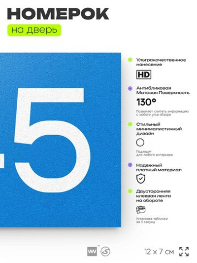 Номер на дверь 745, табличка на дверь для офиса, квартиры, кабинета, аудитории, склада, голубая 120х70 мм, Айдентика Технолоджи
