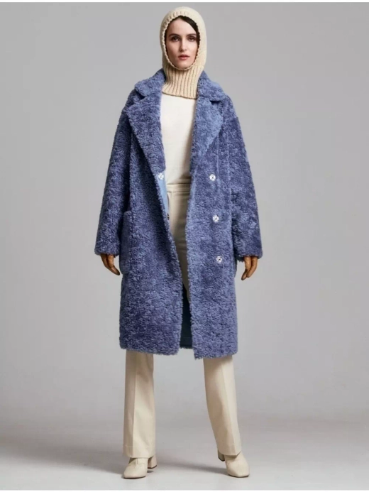 Шуба женская из шерсти мериноса чебурашка тедди, темно-синяя, SilverFox
