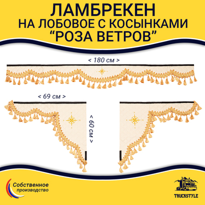 Ламбрекен 1,8м с косынками универсальные стеганые Роза Ветров (экокожа, бежевый, золотые кисточки)