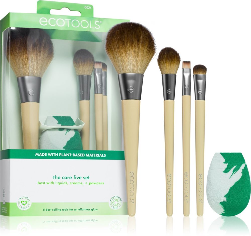 EcoTools powder brush + setting brush + eyeliner brush + primer brush for Eye area + makeup sponge The Core Five