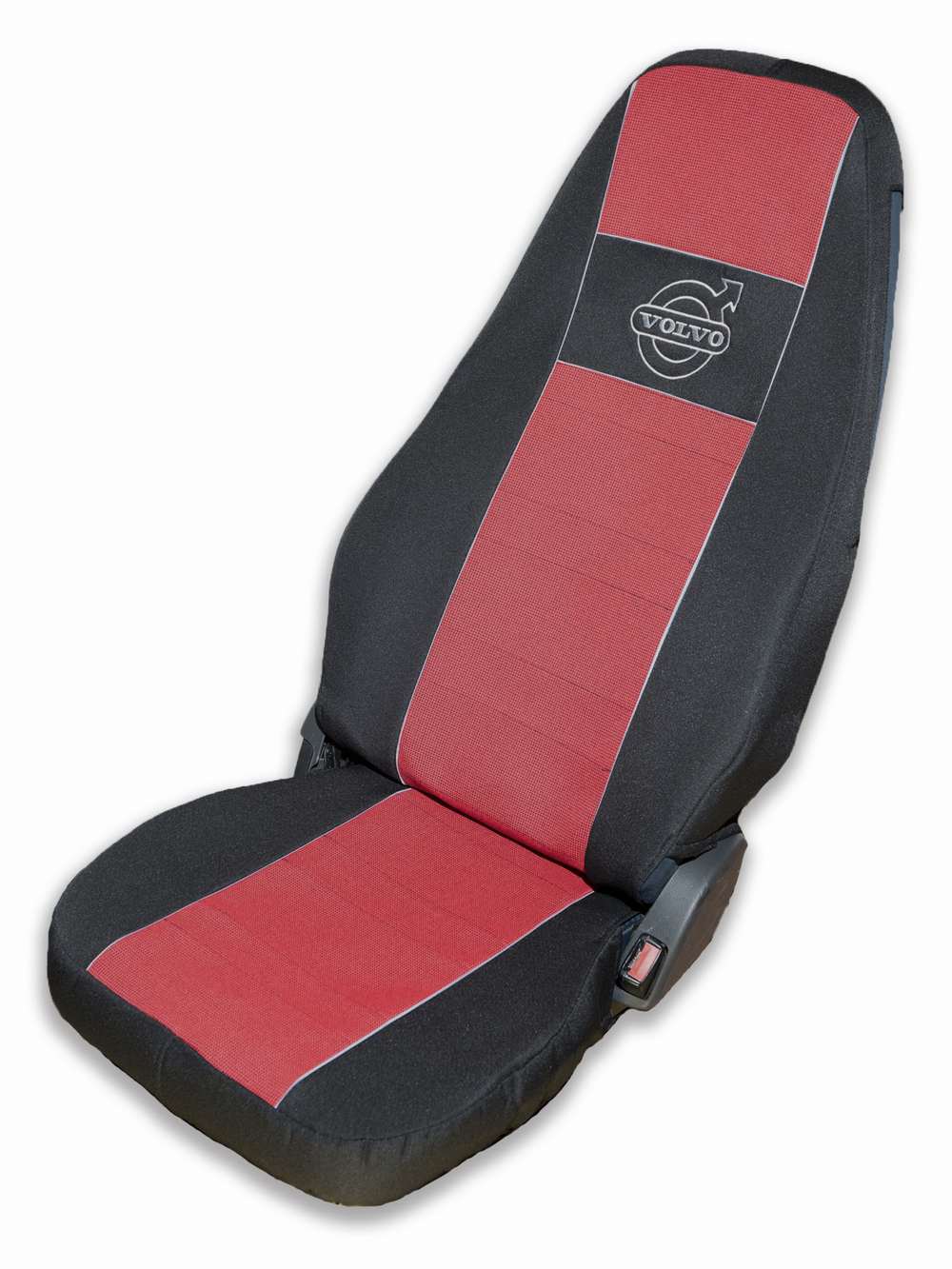 Чехлы VOLVO FH-12 до 2003 года: два высоких сиденья, ремни безопасности от стоек кабины (нет выреза под ремень) (полиэфир, черный, красная вставка)