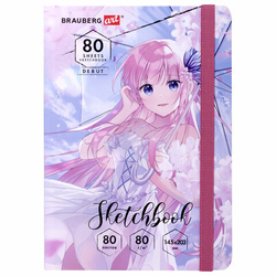 Скетчбук, белая бумага 80г/м 145х203мм, 80л, резинка, твердый, BRAUBERG ART DEBUT, Аниме, 114578