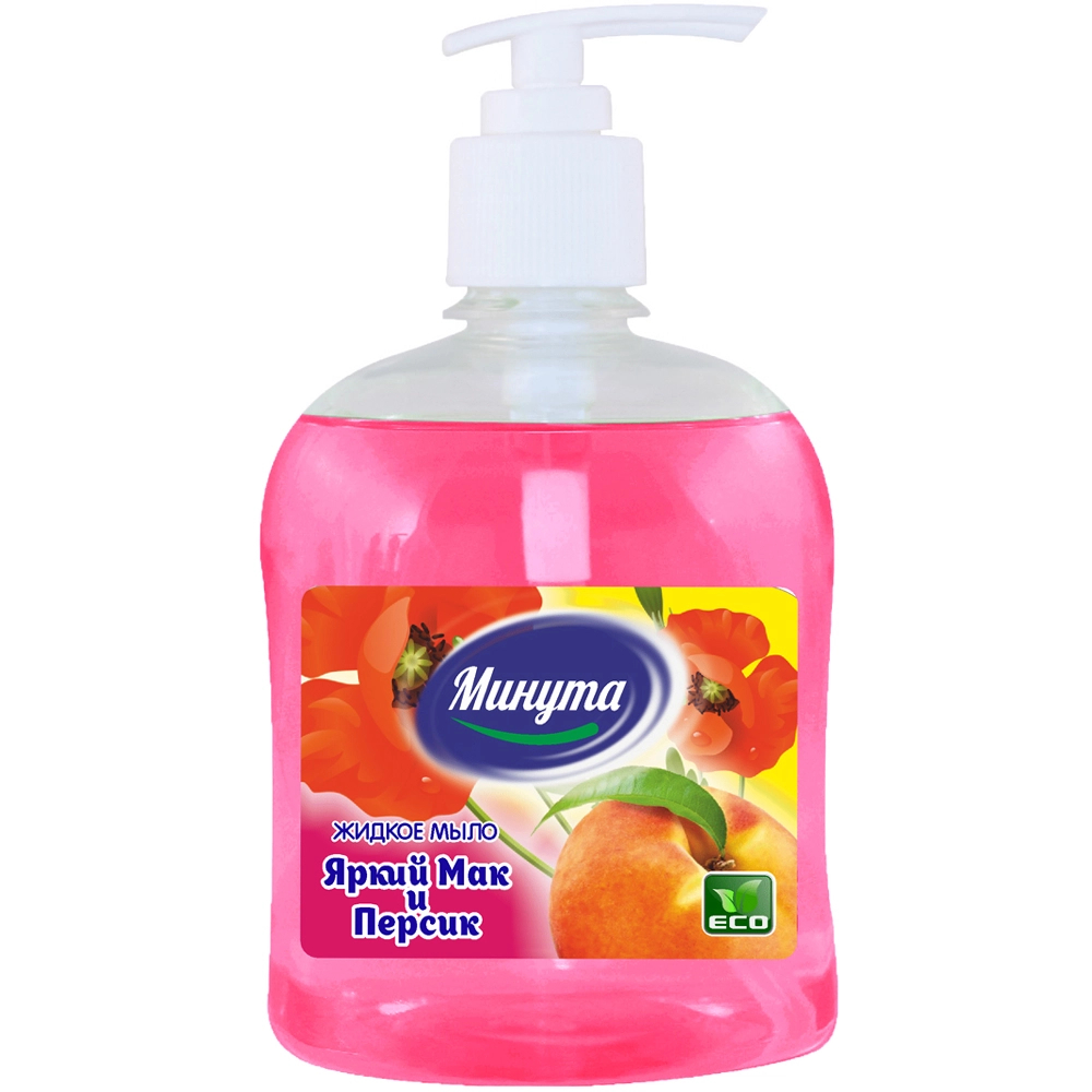 Минута Жидкое мыло с ДОЗАТОРОМ Яркий мак и персик 500гр. *6*12
