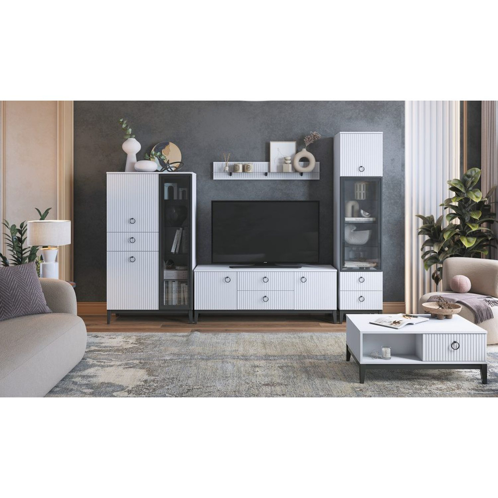 Стенка в гостиную со шкафом Дуб Табачный/Бисквит, Тоскана, 375,6х44,6х215 см