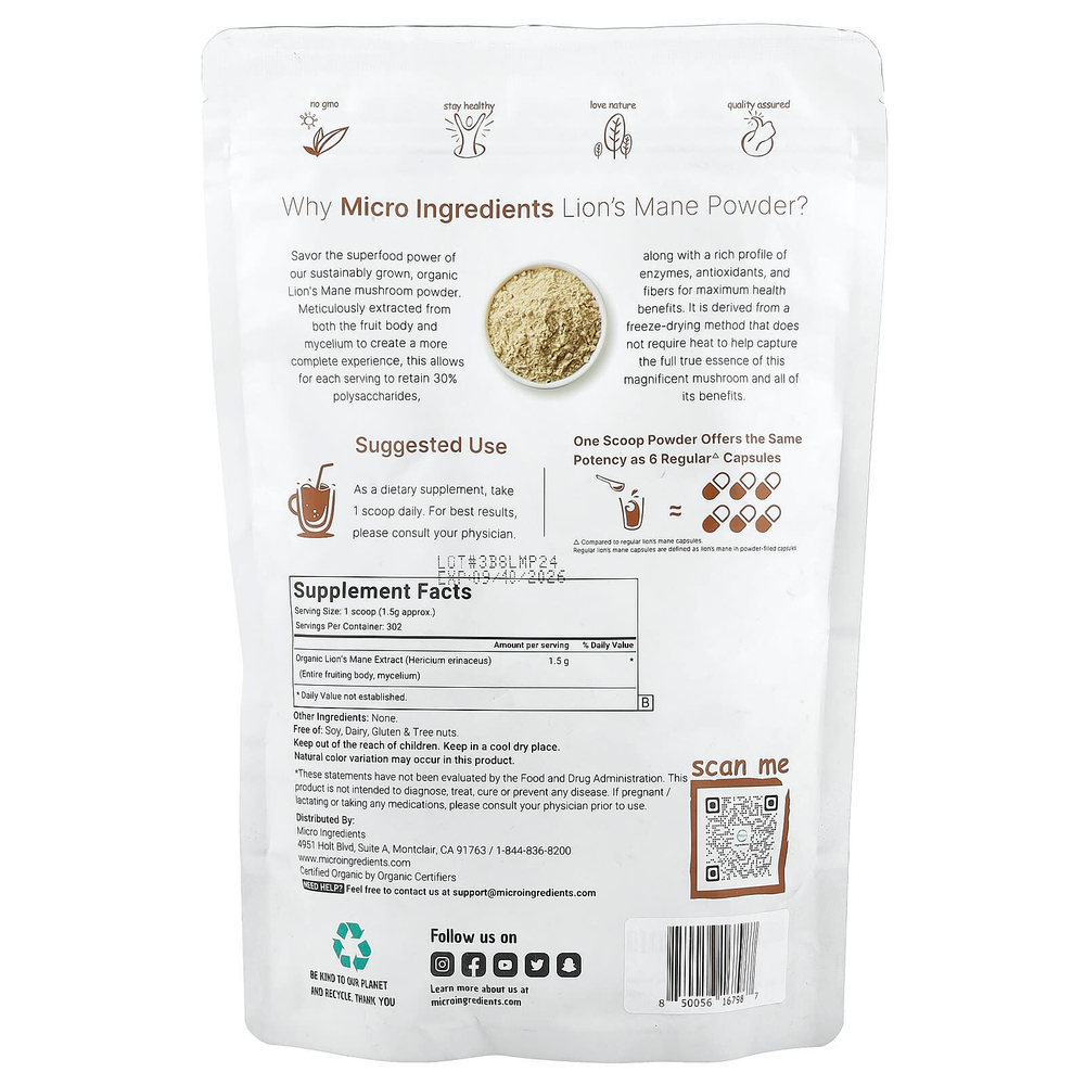 Micro Ingredients, Органический порошок из львиной гривы, 454 г (1 фунт)