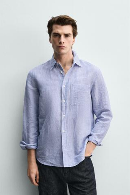 ZARА РУБАШКА REGULAR FIT ИЗ ЛЬНА И ХЛОПКА, БЕЛЫЙ/НЕБЕСНО-ГОЛУБОЙ