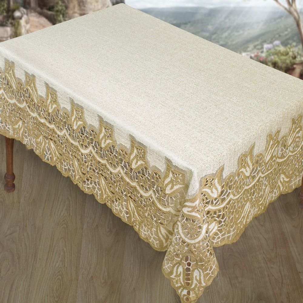 Скатерть жаккардовая прямоугольная, цвет ванильно-оливковый, Польша.