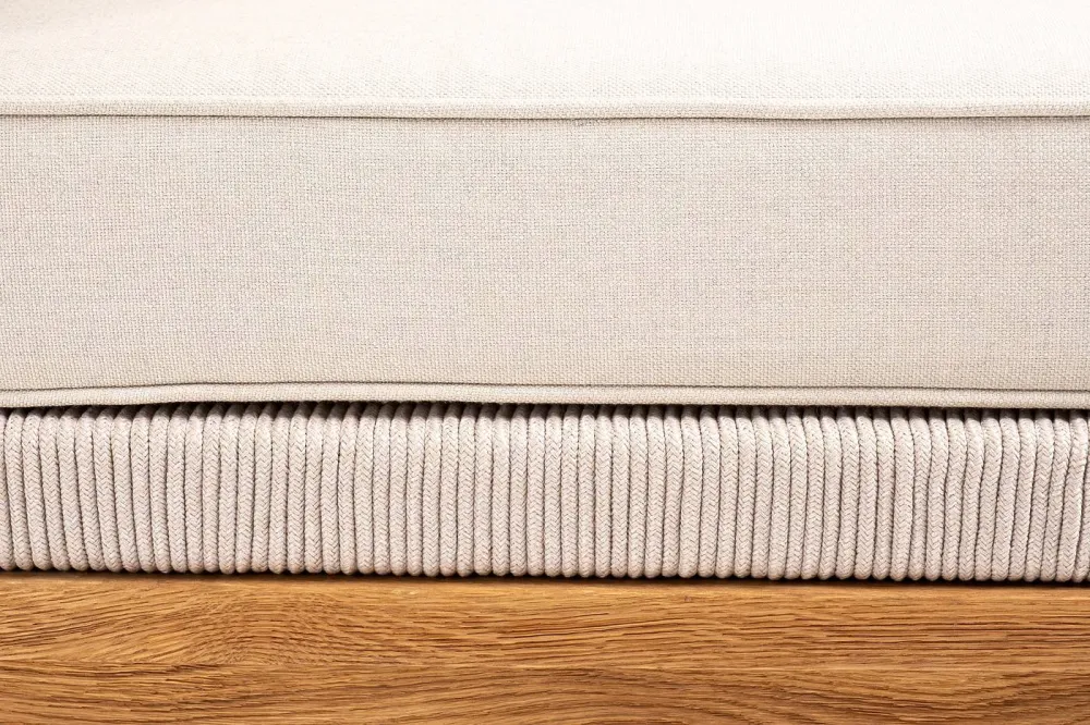 "Канны" угловой модуль плетеный из роупа, основание дуб, роуп бежевый круглый, ткань бежевая 052