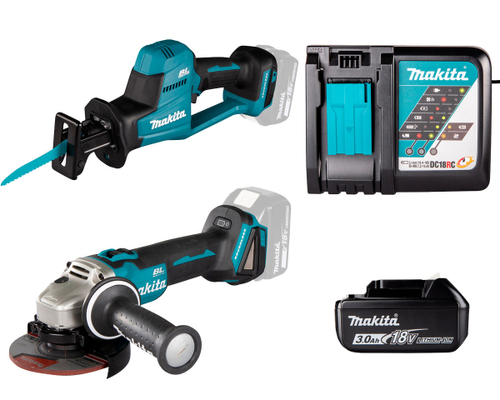 Аккумуляторная УШМ + сабельная пила с энергокомплектом Makita DGA504Z-DJR189Z-191A25-2