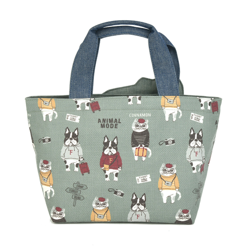 Сумка мини (тоут) с котом и бульдогом на молнии "AnimalMode", зеленая, 24-7548-2, KUSUGURU