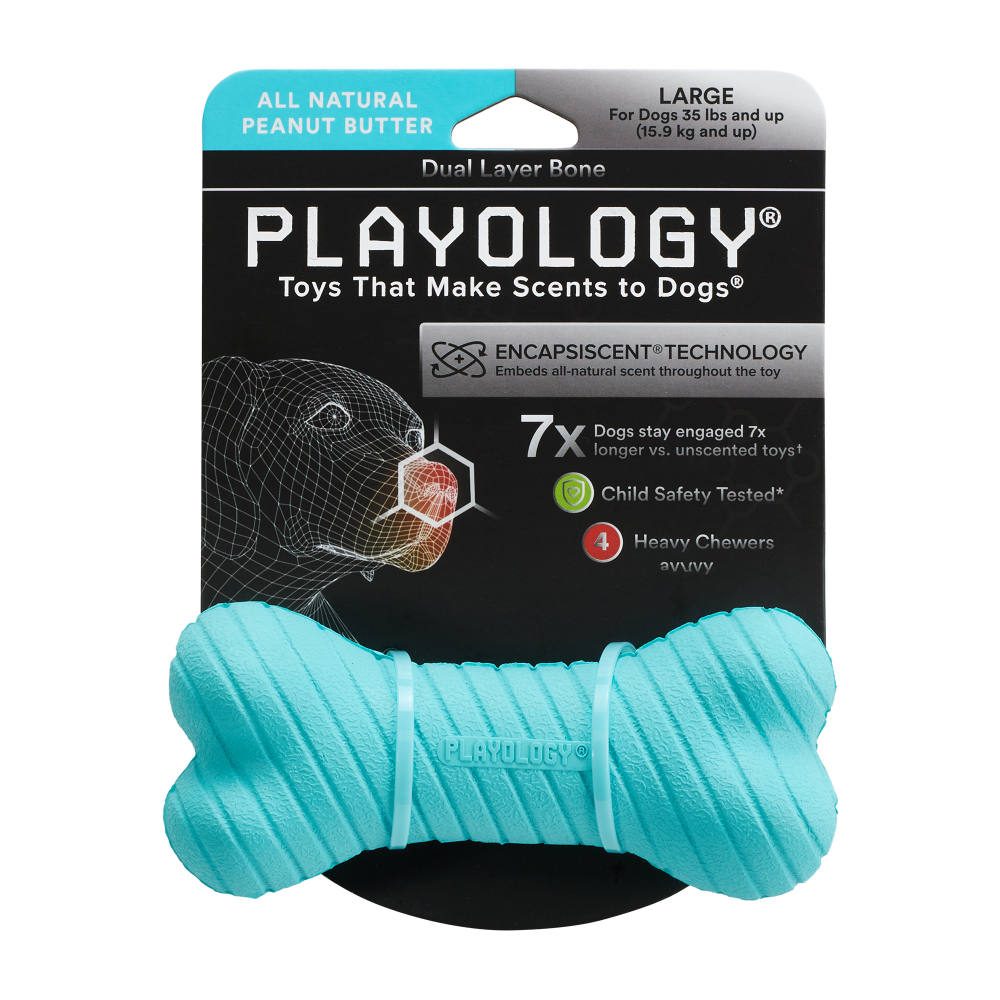 Playology двухслойная жевательная косточка DUAL LAYER BONE для собак средних и крупных пород с ароматом арахиса, большая, цвет голубой