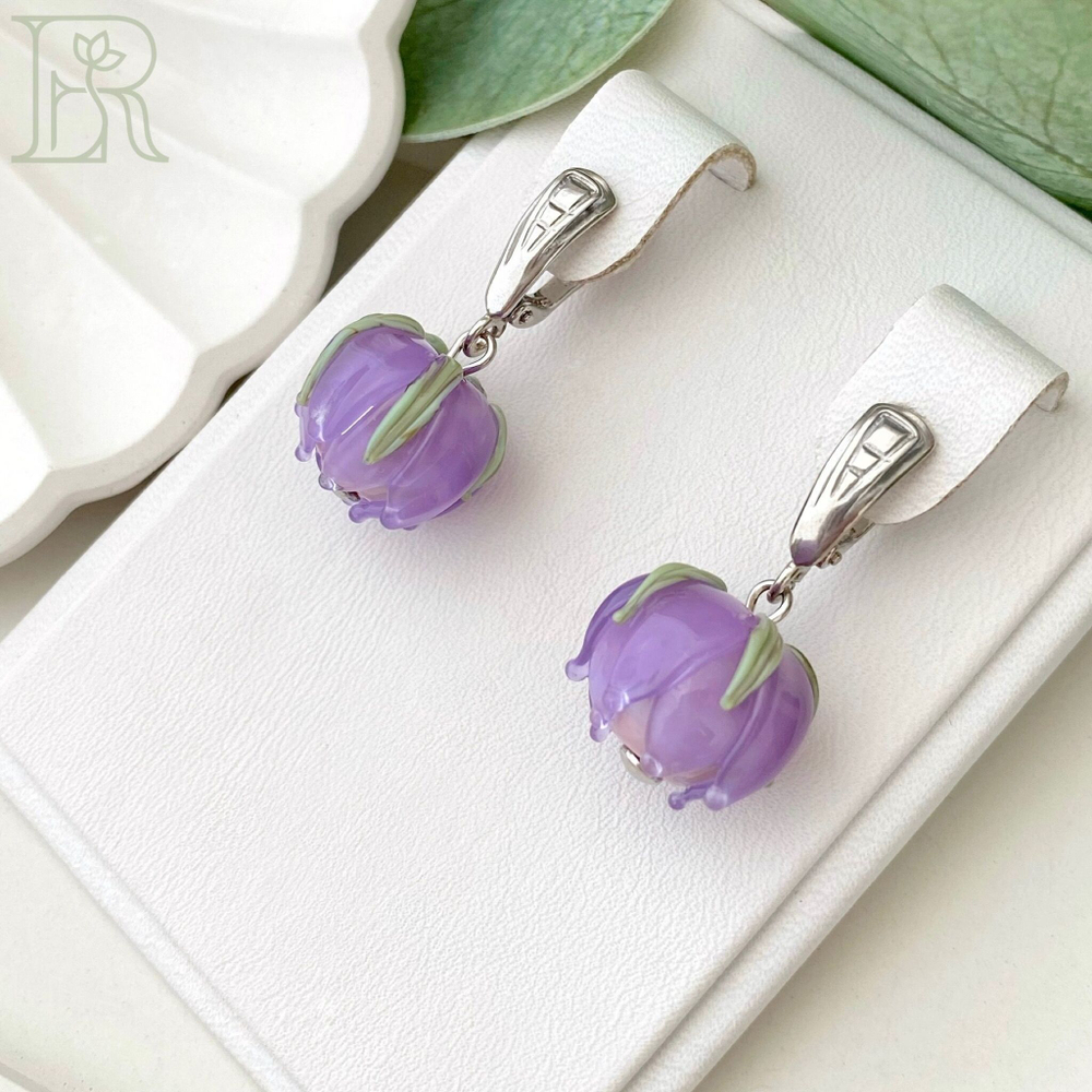 LEFIREL' Серьги серебряные женские "Лавия" с цветами из муранского стекла / ювелирные украшения из родированного серебра 925