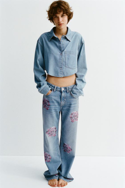 ZARA ДЖИНСЫ TRF СВОБОДНОГО КРОЯ СО СРЕДНЕЙ ПОСАДКОЙ И СТРАЗАМИ, СИНИЙ