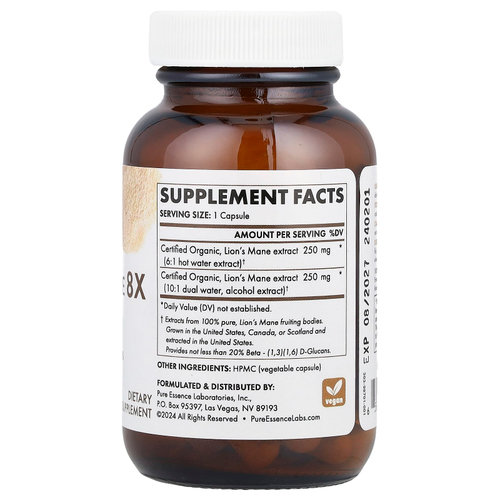 Pure Essence, MyPure ™, Lion's Mane 8X, максимальная сила действия, 30 растительных капсул