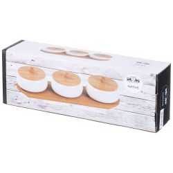 НАБОР БАНОК С ДЕРЕВ. КРЫШКОЙ LEFARD "NATIVE" 3 ШТ. 8,5*6,5 СМ 150 МЛ НА ДЕРЕВ. ПОДСТАВКЕ (КОР=24ШТ.)