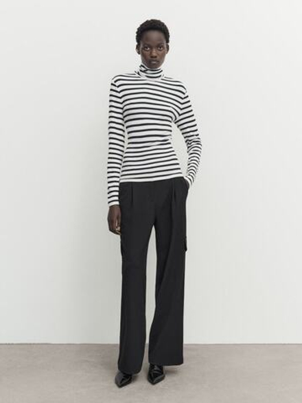 Massimo Dutti Футболка в полоску с высоким воротником и длинными рукавами, натуральный, кремовый