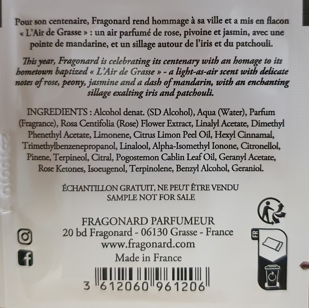 Ароматическая салфетка 2 мл L'air de Grasse EDT жен.