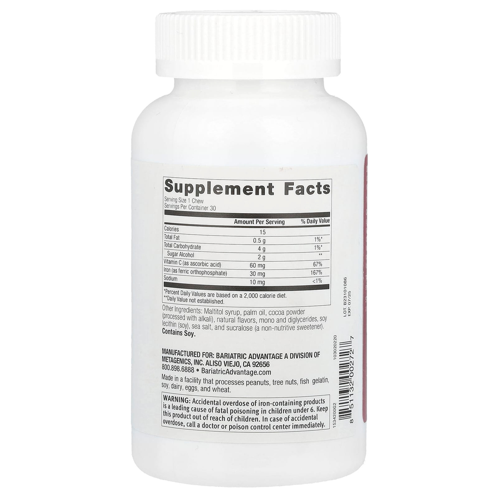Bariatric Advantage, Chewy Bite Iron с витамином C, шоколадная малина, 30 жевательных таблеток