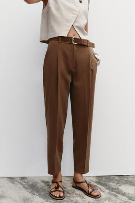 ZARA БРЮКИ ИЗ ЛЕГКОЙ ТКАНИ С РЕМНЕМ, КОРИЧНЕВЫЙ