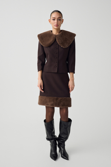 Комплект: жакет из шерсти со съемным воротником и юбка с отстегивающимся мехом xs-s