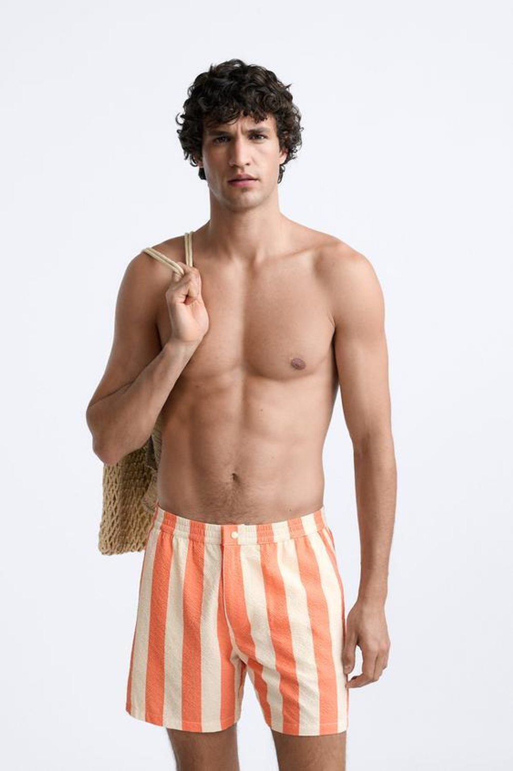 ZARA ПЛАВКИ КЛАССИЧЕСКОГО КРОЯ В ПОЛОСКУ, ОГНЕННО-КОРАЛЛОВЫЙ