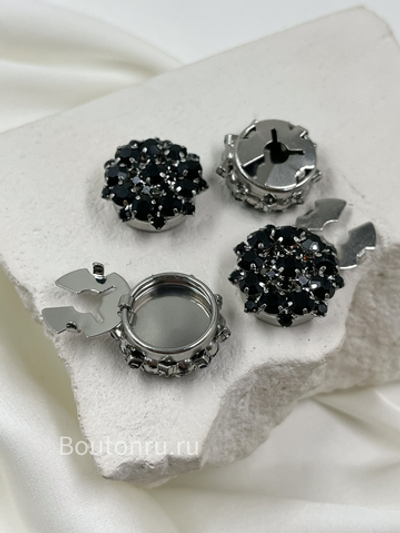Накладка на пуговицу стразы черные в серебристом обрамлении (клипса)