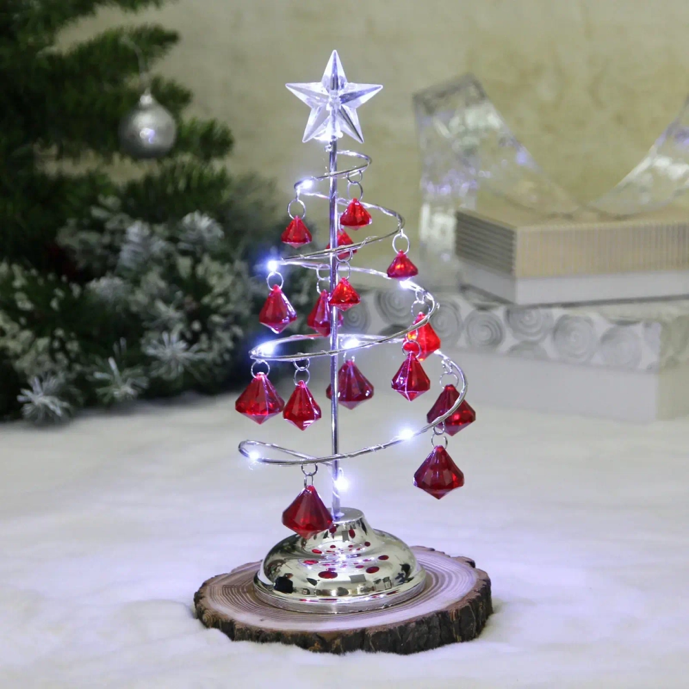 Сувенир с подсветкой «Елочка Хрустальная» 26 см, диаметр 10 см, основание-серебро, свечение-белый, хрусталик Красный (работает от батареек 3 ААА)