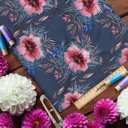 Ткань мембрана приглушённые розовые цветы на сером фоне