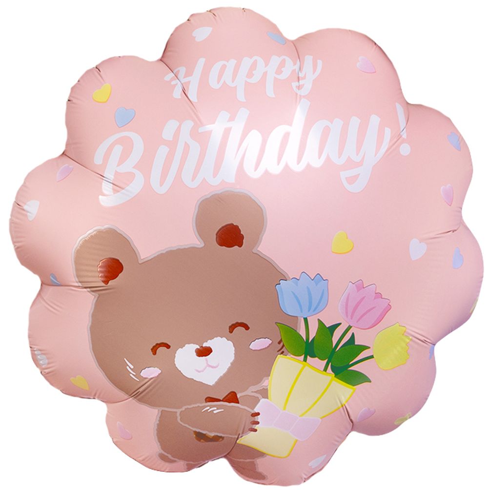 Шар (18''/46 см) Круг, Happy Birthday (мишка с букетом), Розовый, 1 шт.