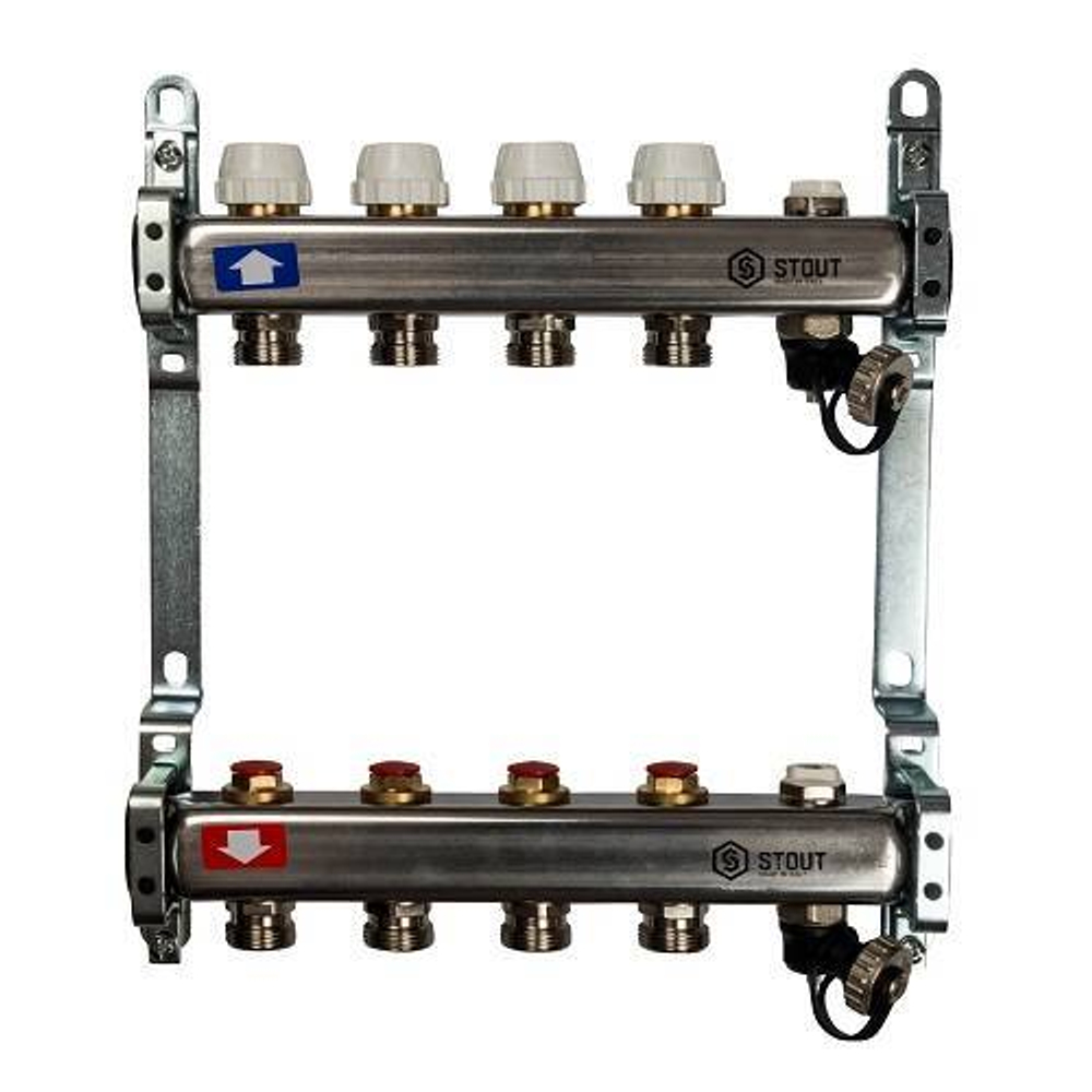 Коллекторная группа для радиаторного отопления STOUT SMS0932 - 1" на 4 контура 3/4"EK (нерж.сталь)